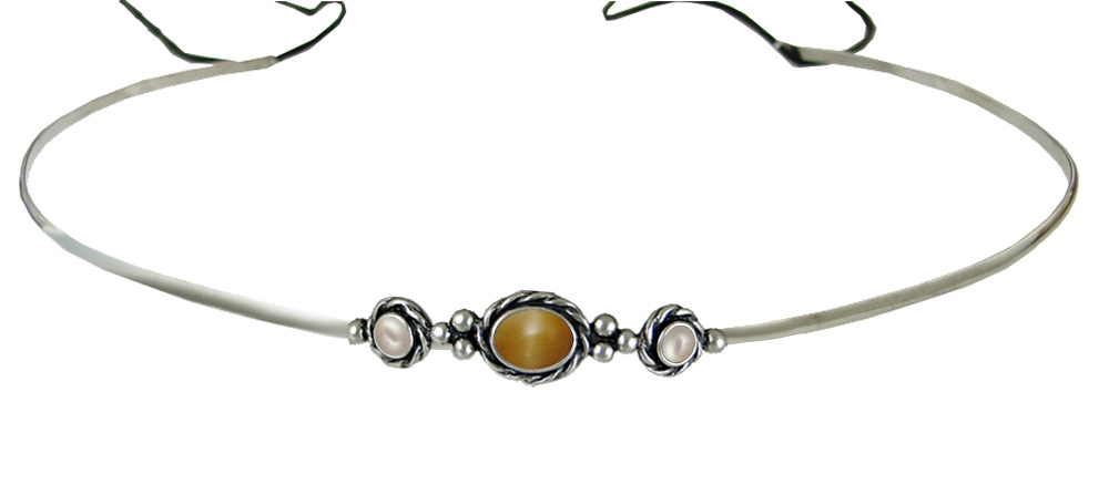 Sterling Silver Renaissance Style Headpiece Circlet Tiara With Honey Tiger Eye And Cultured Freshwater Pearl